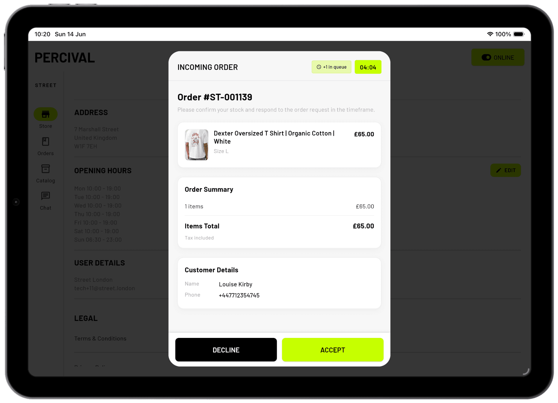 STREET retailer app on an iPad showing an incoming order with a live countdown timer, the customer's items and total, and accept or decline buttons