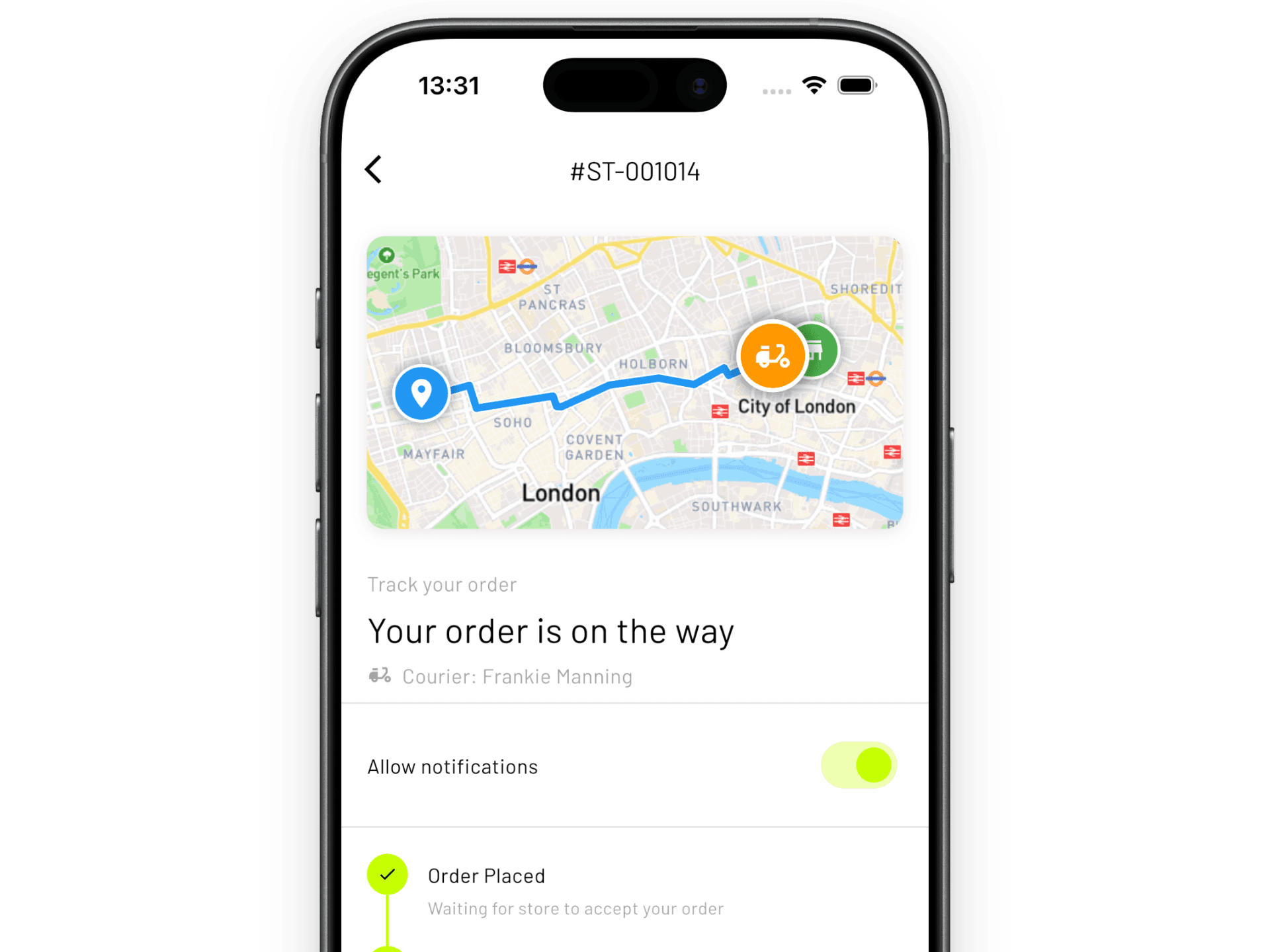 Phone showing live order tracking with a map of central London, courier location, and real-time delivery status updates