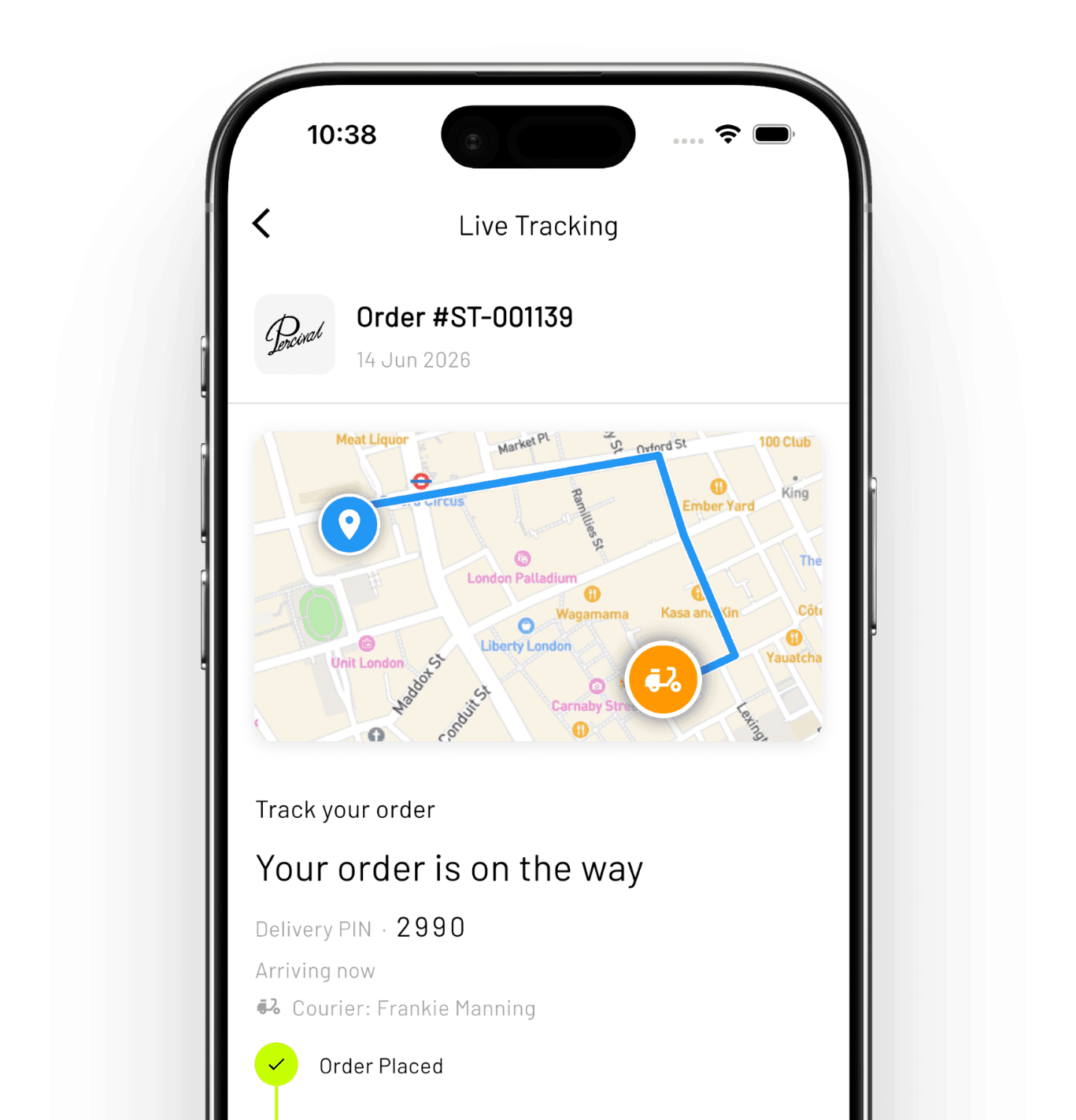 Phone showing live order tracking: a map of Soho with the courier en route, the delivery PIN, the courier's name, and real-time status from order placed to on the way