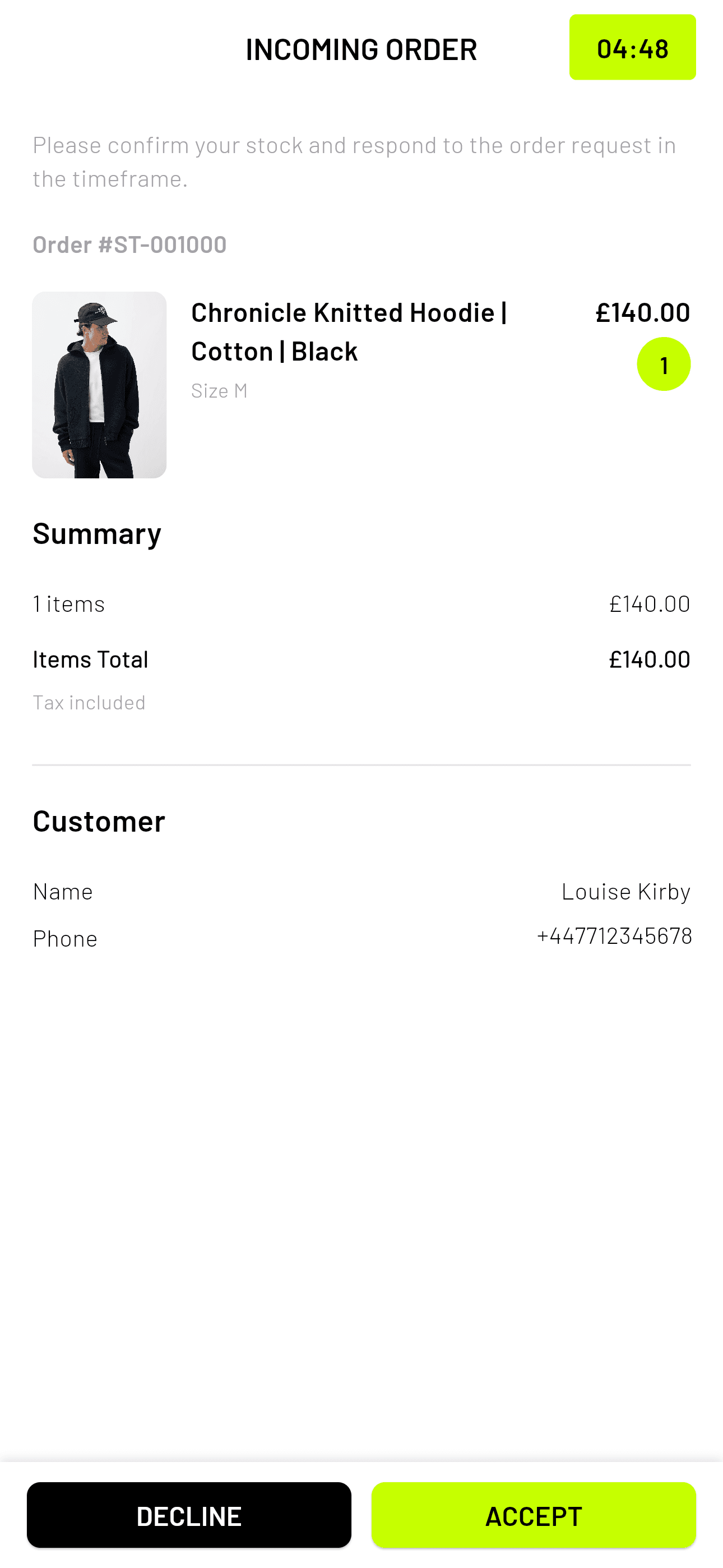 Retailer app showing an incoming order with a five-minute countdown timer, item details, and accept or decline buttons