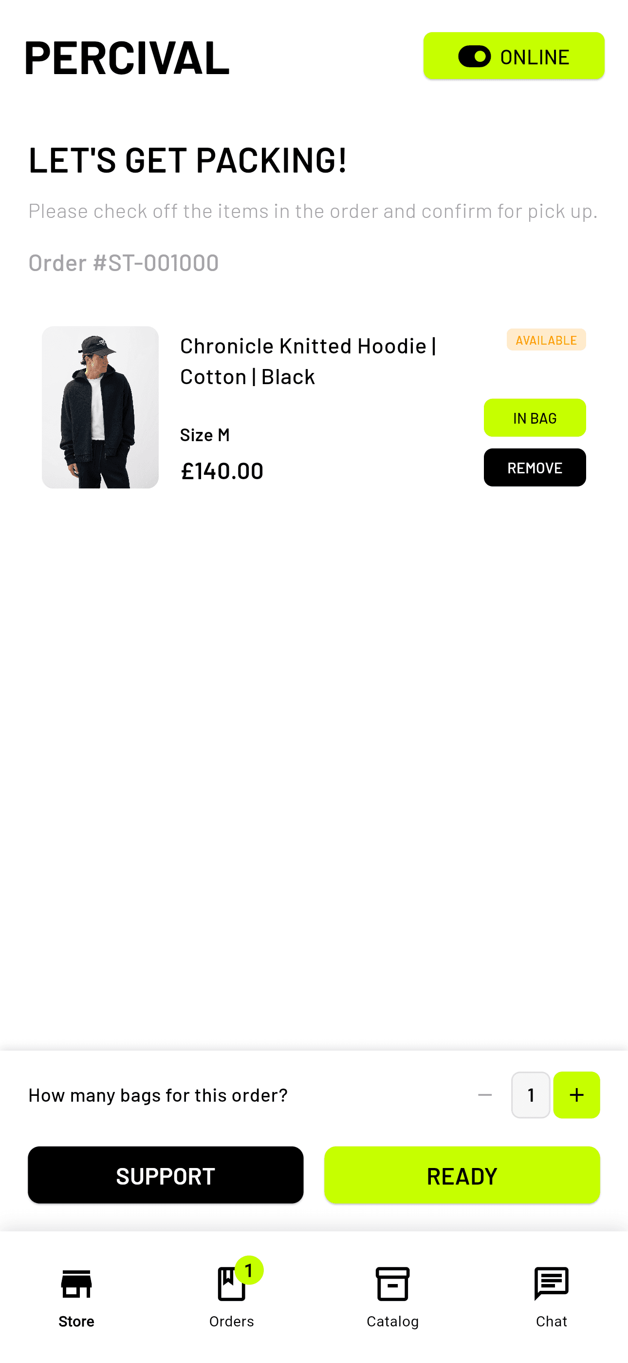 Retailer app packing screen with items being checked off as available and placed in the bag