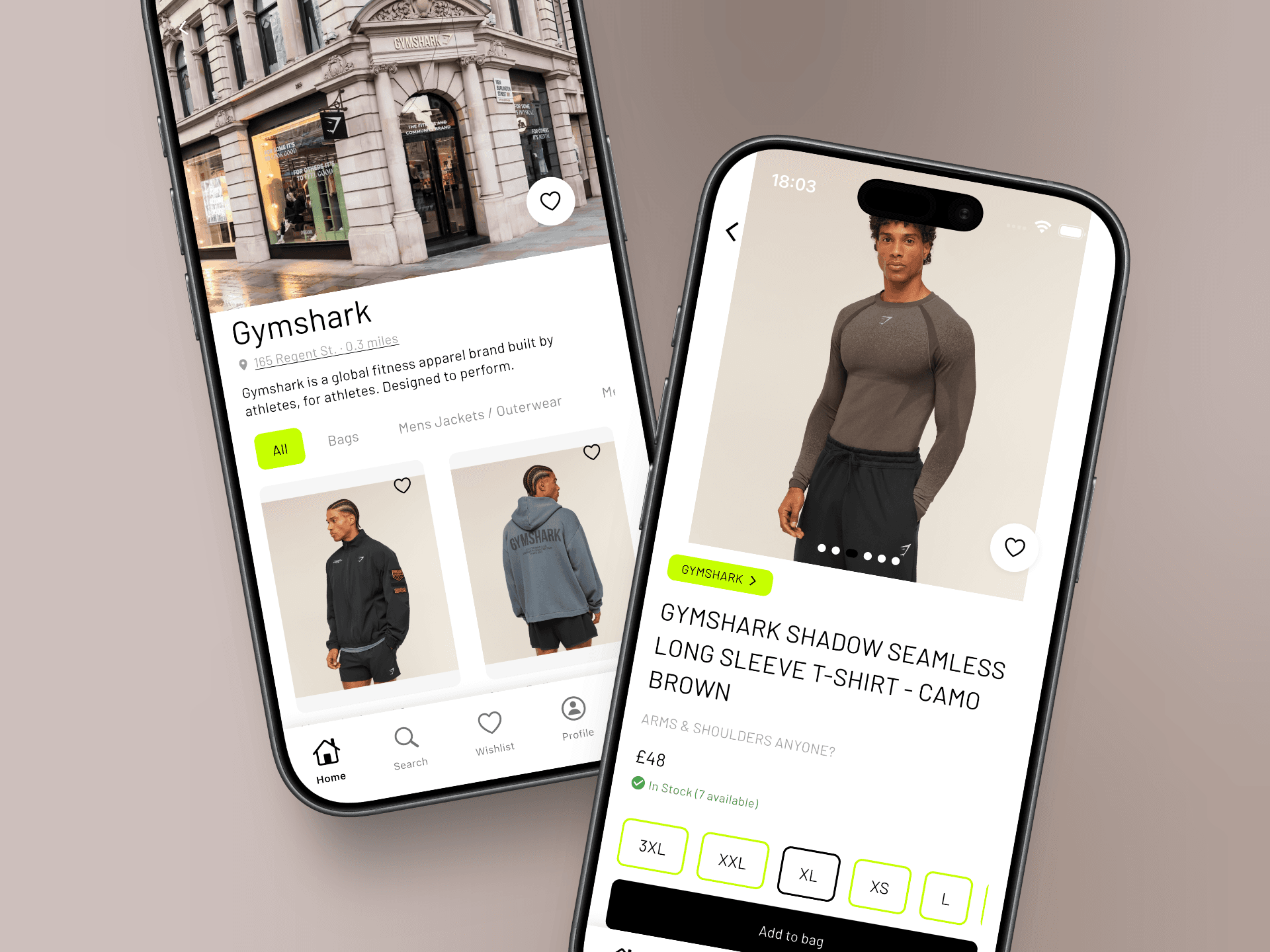 Two phones showing the STREET app: browsing a store page with real storefront photography and viewing a product with sizes and pricing