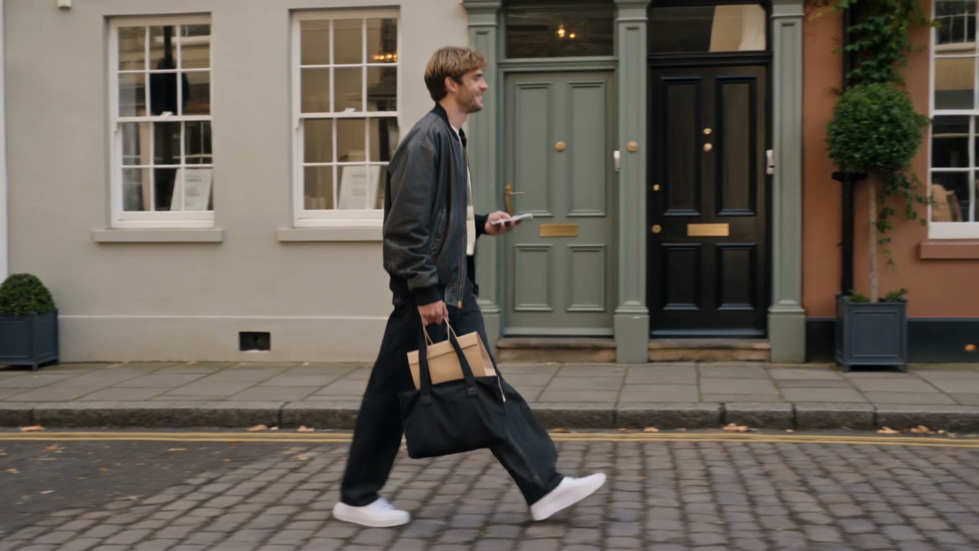 Person walking through a London street carrying a lime-green STREET shopping bag